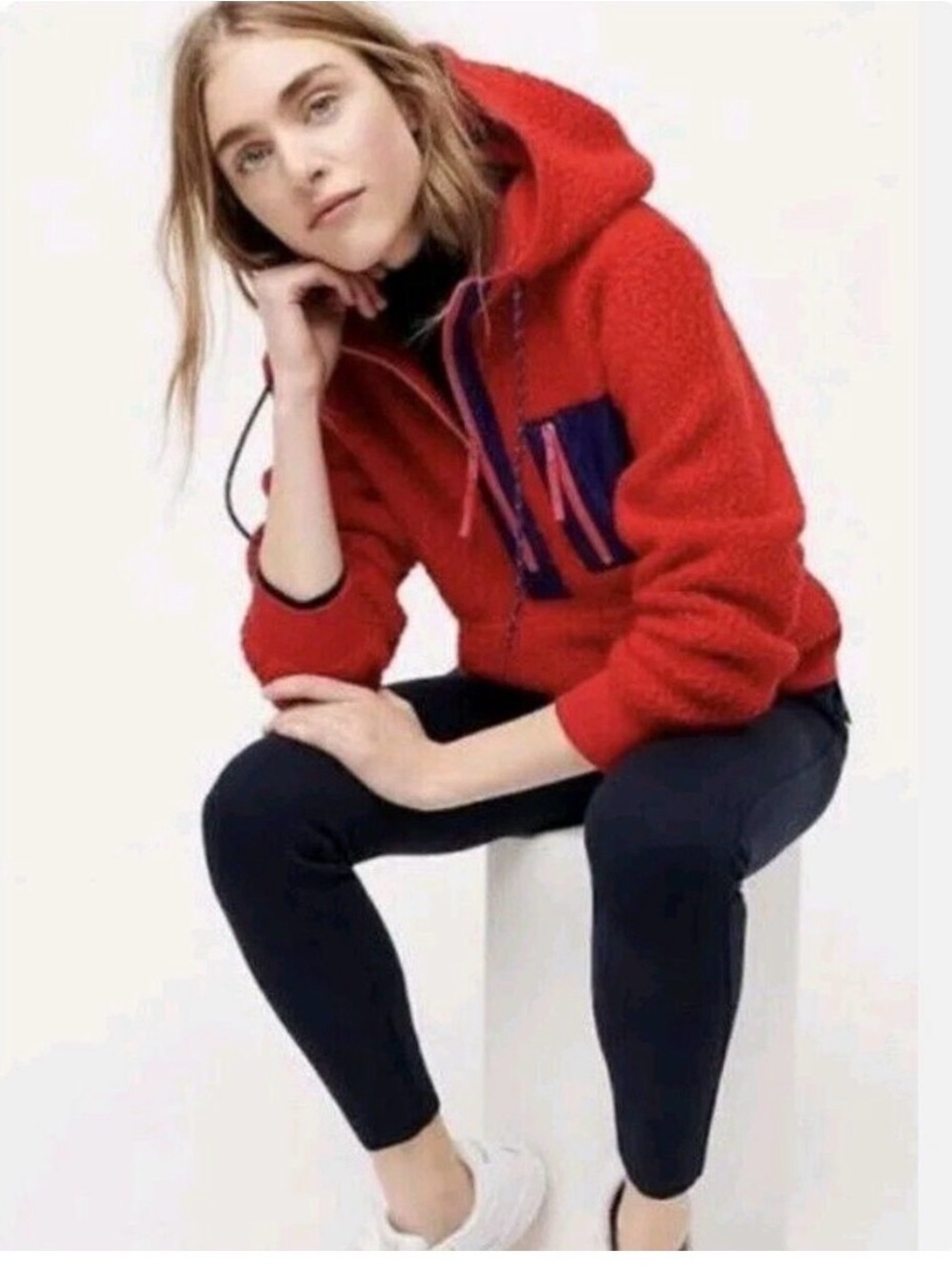 J. Crew Womens XS Red Long Sleeves Sherpa Polartec Half Zip Pullover Sweater